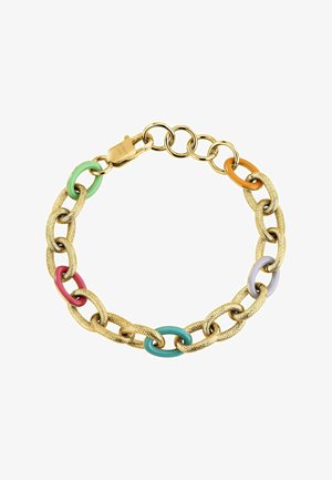 Gouden kettingarmband met gestructureerde schakels en gekleurde accenten in roze, groen, turquoise, oranje en paars. Sluit met een haaksluiting.