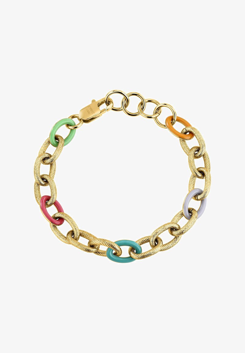 Gouden kettingarmband met gestructureerde schakels en gekleurde accenten in roze, groen, turquoise, oranje en paars. Sluit met een haaksluiting.