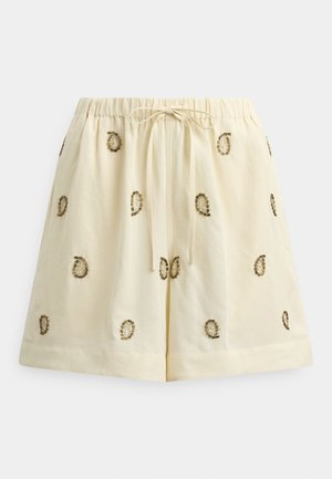Cremefarbene Shorts aus leichtem Stoff mit Kordelzugbund und bestickten Paisley-Mustern mit metallischen Akzenten.