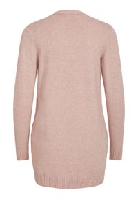 Pull en maille rose clair à manches longues avec poignets et ourlet côtelés, vu de dos sur fond blanc.