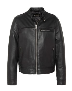 Giacca in pelle nera con cerniera frontale, tasche con zip sul petto e sui lati, colletto con bottoni a pressione e fodera interna trapuntata.