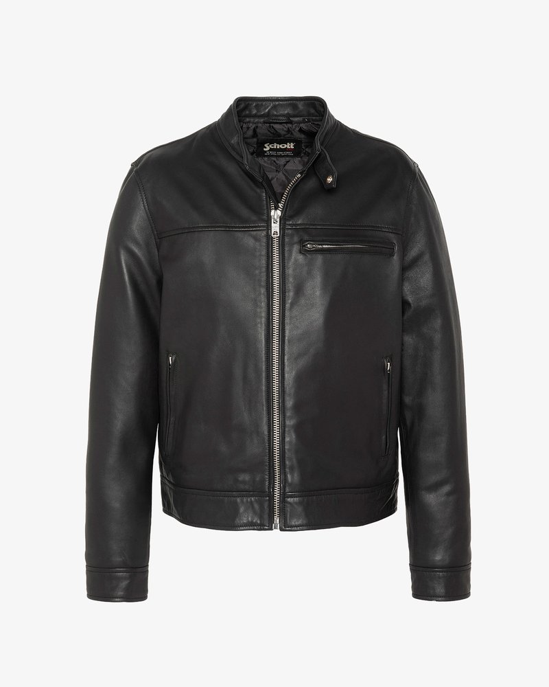 Veste en cuir noire avec fermeture éclair devant, poches poitrine et latérales zippées, col à boutons-pression, et doublure intérieure matelassée.