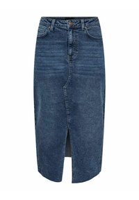 Denim midi-kjol med en fram slit, medelblå färg, fem fickor och bältesöglor. Klassisk design med en lätt texturerad yta.