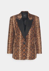 Blazer à motif peau de serpent dans les tons marron avec un revers en satin noir, fermeture à un bouton et deux poches avant. Tissu texturé.