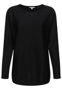 Chemise noire à manches longues avec encolure ronde, coupe décontractée et ourlet légèrement arrondi.