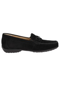Schwarze Wildleder-Slipper mit runder Zehenpartie, dekorativem Schnallendetail und flexiblem Gummisohle. Einfache Nähte akzentuieren das Design.