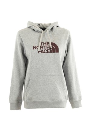 Felpa grigia realizzata in misto cotone con tasca anteriore a marsupio, cappuccio con cordino e logo stampato color bordeaux sul petto.