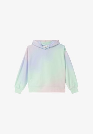 Hoodie mit Pastellverlauf, langen Ärmeln, gerippten Bündchen und Kapuze in sanften Grüntönen, Blau und Pink.