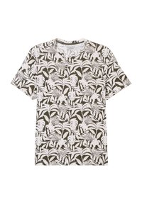 Camiseta de manga corta en verde oliva con un patrón de hojas tropicales blancas. Tejido suave con un cuello redondo y un corte casual.