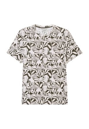 Short-sleeve t-shirt in olive green with a white tropical leaf pattern. Soft fabric with a crew neckline and casual fit.