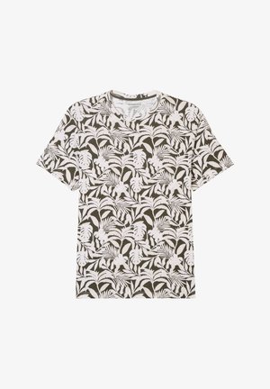 Kurzarm-T-Shirt in Olivgrün mit einem weißen tropischen Blattmuster. Weicher Stoff mit Rundhalsausschnitt und lässiger Passform.