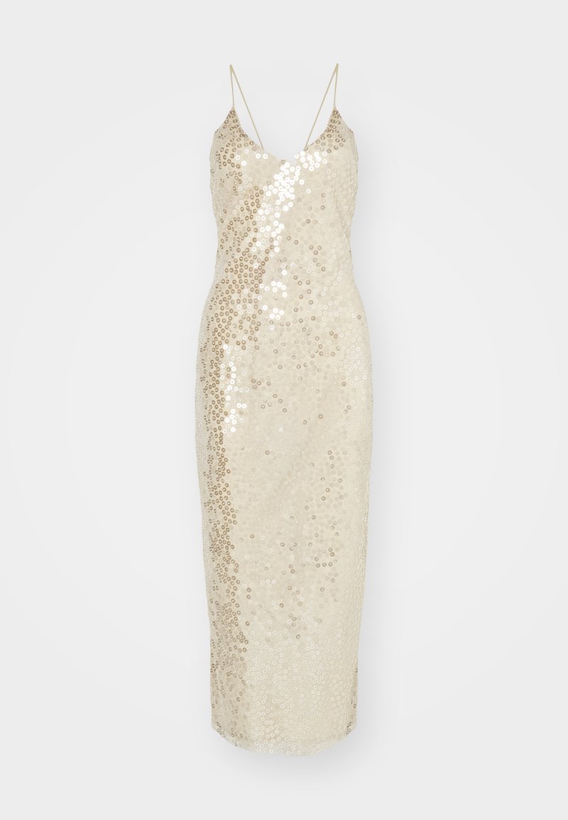 Paillettenbesetztes Kleid in Cremefarbe, mit schmaler Passform, knielangem Design und dünnen Spaghetti-Trägern. Der Stoff ist mit glänzenden Pailletten verziert.