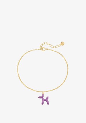 Zlatý náramok s retiazkou a príveskom vo forme fialového balónového psa. Obsahuje jemný dizajn článkov a malý karabínkový zapínací mechanizmus s predĺžením.