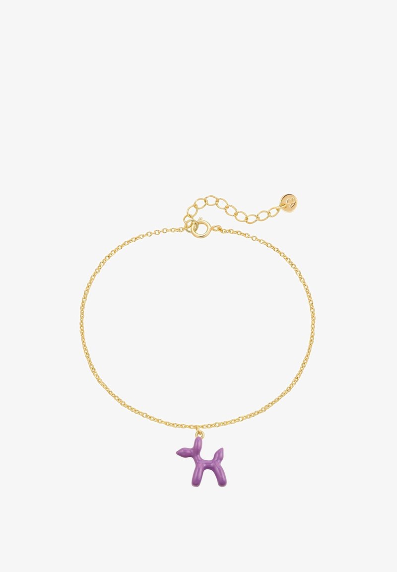 Zlatý náramok s retiazkou a príveskom vo forme fialového balónového psa. Obsahuje jemný dizajn článkov a malý karabínkový zapínací mechanizmus s predĺžením.