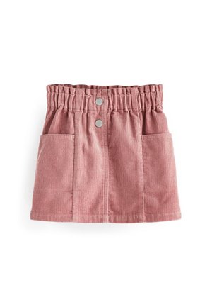 Jupe en velours côtelé rose avec taille haute élastique, deux boutons argentés et grandes poches avant, présentée sur fond blanc.
