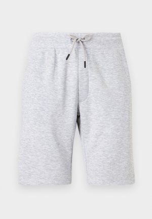 Pantaloni scurți din bumbac gri deschis, până la genunchi, cu talie elastică și șnur în față legat în fundă, prezentate frontal pe un fundal simplu.