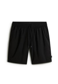 Schwarze Badeshorts mit elastischem Bund, verstellbarem Kordelzug und seitlichen Einsätzen. Hergestellt aus leichtem Stoff, ohne Muster oder Beschläge.