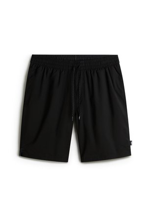 Schwarze Badeshorts mit elastischem Bund, verstellbarem Kordelzug und seitlichen Einsätzen. Hergestellt aus leichtem Stoff, ohne Muster oder Beschläge.
