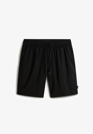 Bañador negro con cinturilla elástica, cordón ajustable y paneles laterales. Fabricado en tejido ligero, sin patrones ni herrajes.