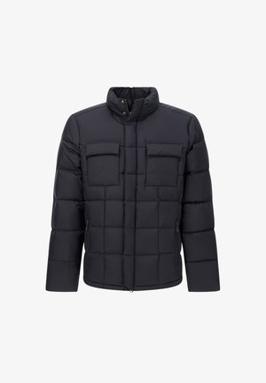 Giacca a vento nera trapuntata con collo alto, zip frontale, due tasche a soffietto sul petto e due tasche laterali con zip, progettata per il freddo.