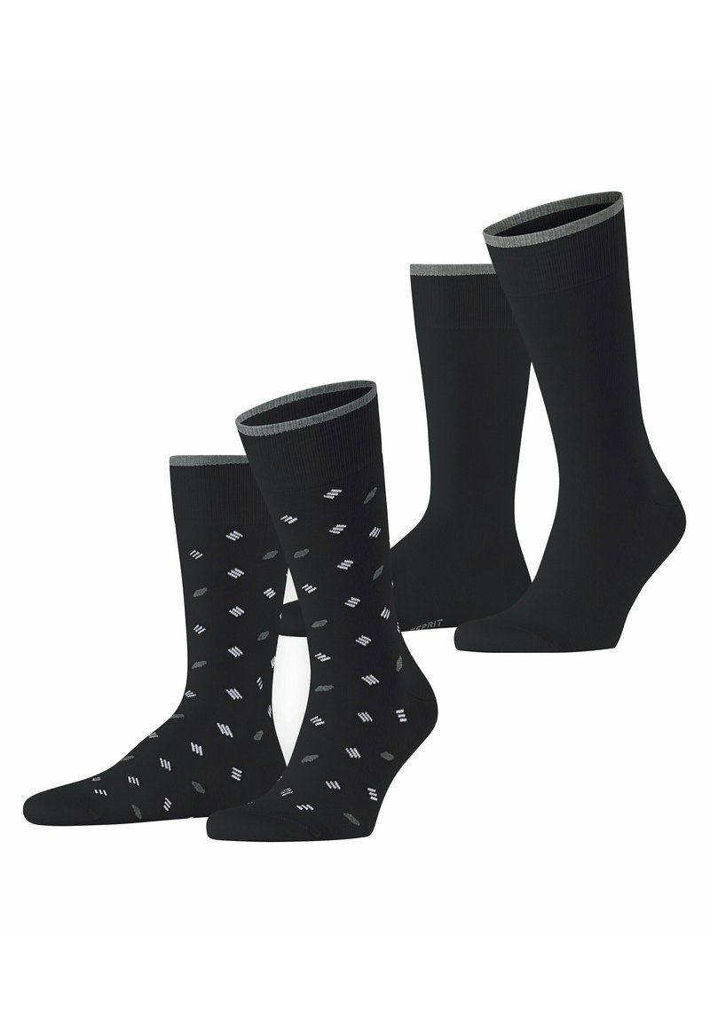 Schwarze Socken in zwei Stilen: eine einfarbig mit gerippten Bündchen, die andere mit einem geometrischen Muster in Grau und Weiß. Weiches, dehnbares Material.