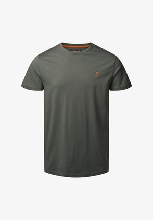 Dunkelgrünes Baumwoll-T-Shirt mit Rundhalsausschnitt, kurzen Ärmeln und einem orangefarbenen gestickten Logo auf der linken Brust. Weiche, glatte Textur.