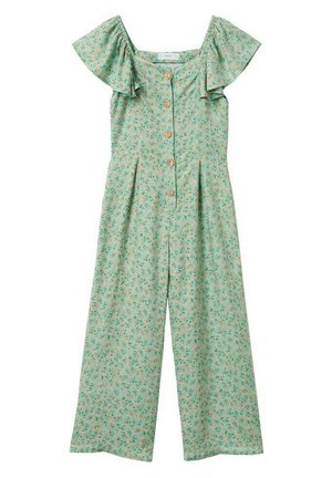 Blomsteret jumpsuit i grøn med flæser ved skulderen, træknapper ned foran og brede bukser med en let tekstur.