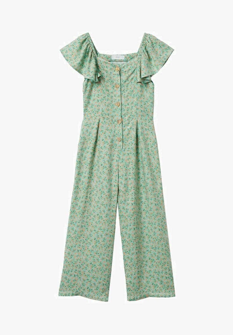 Combinaison florale verte avec des manches à volants sans épaules, boutons en bois le long de l'avant et pantalons à jambes larges présentant une texture légère.