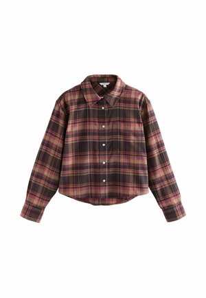 Korte geruite shirt in tinten van bordeaux en bruin, met een knopenvoorzijde, kraag en een borstzak. Zacht stof met lange mouwen.