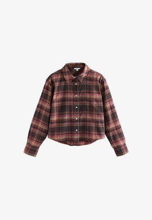 Korte geruite shirt in tinten van bordeaux en bruin, met een knopenvoorzijde, kraag en een borstzak. Zacht stof met lange mouwen.