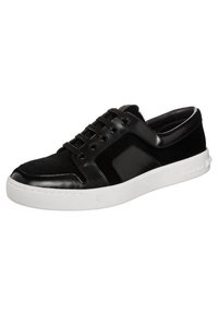 Black sneaker with a smooth leather and textured upper, featuring a white rubber sole, round laces, and a side logo detail.