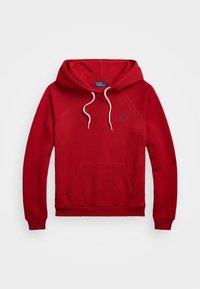 Felpa con cappuccio rossa realizzata in tessuto morbido, con tasca frontale, stringhe bianche e un piccolo logo blu sul lato sinistro del petto.