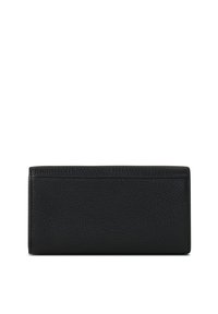 Portafoglio in pelle nera con superficie testurizzata, forma rettangolare e linee pulite. Presenta un design minimalista senza hardware visibile.