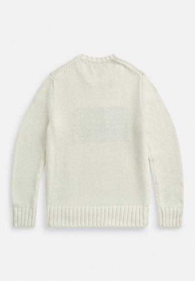 Pleteni pulover v barvi slonokoščene kosti, s teksturirano tkanino, rebrastimi manšetami in robom. Zadnji del ima subtilen vzorec z odprtimi pletenimi odseki.