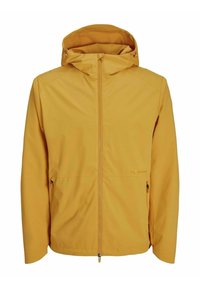 Veste à capuche jaune avec fermeture éclair complète à l'avant et poches latérales zippées, conçue pour une utilisation en extérieur.