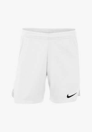 Shorts de sport blancs en tissu doux, avec un logo Nike noir sur le côté gauche, de coupe droite et avec fentes sur les côtés.