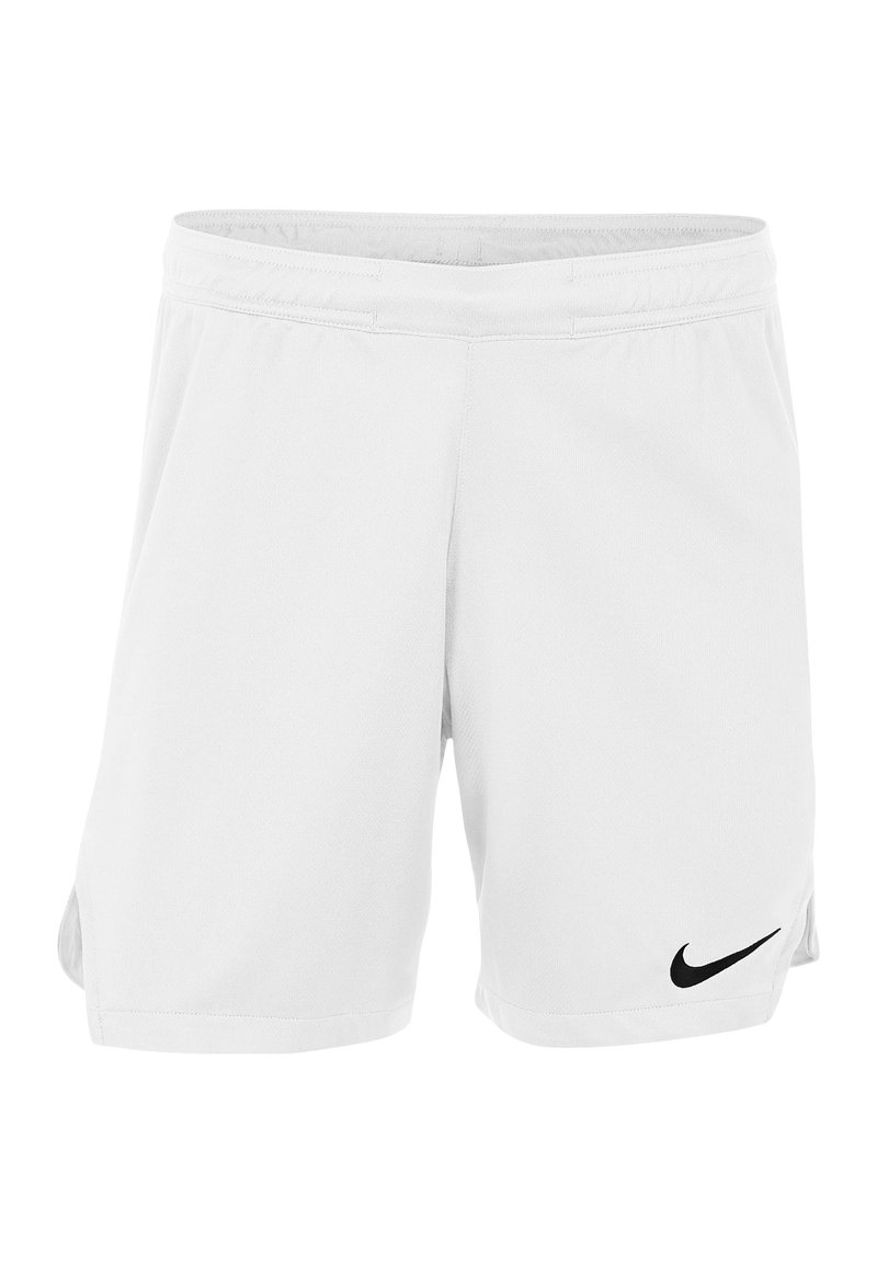 Pantalones cortos deportivos blancos hechos de una tela suave, con un logo de Nike negro en el lado izquierdo, de corte recto y con aberturas laterales.
