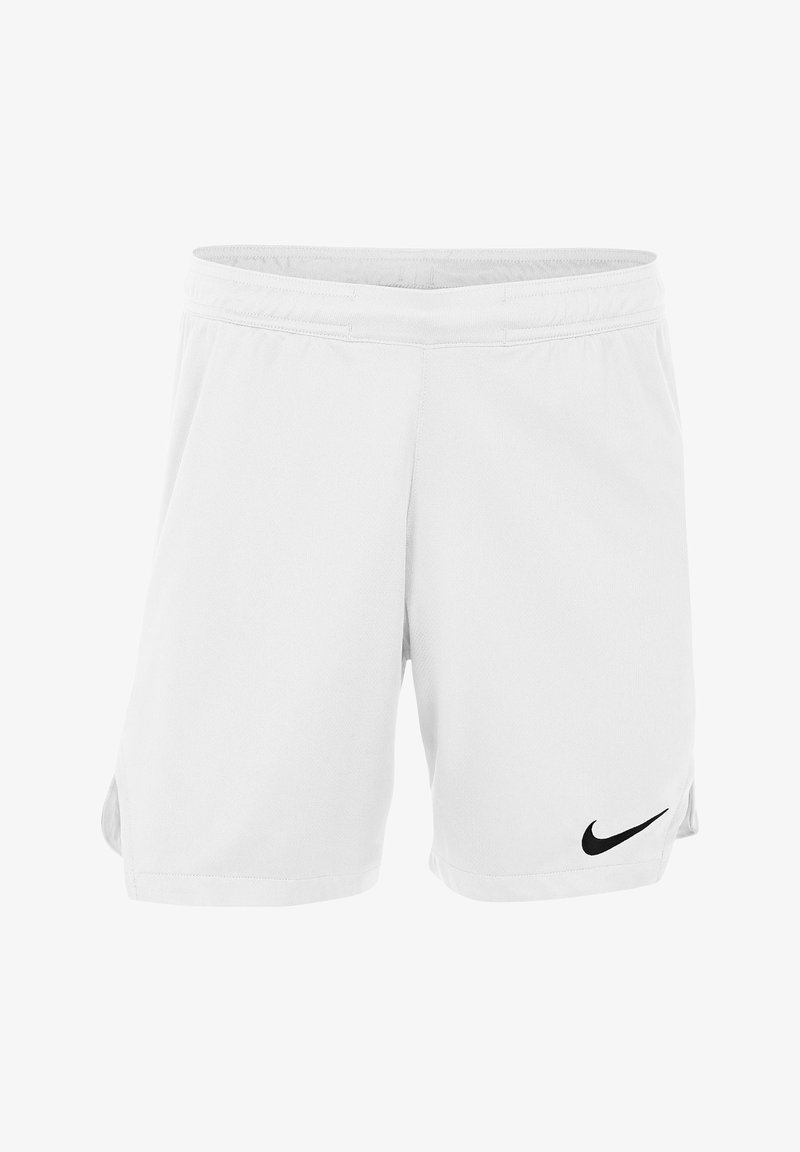 Pantalones cortos deportivos blancos hechos de una tela suave, con un logo de Nike negro en el lado izquierdo, de corte recto y con aberturas laterales.