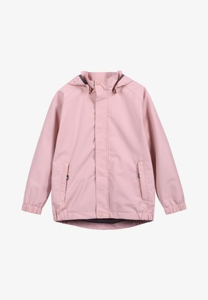 Rosa vanntett jakke med hette, elastiske mansjetter, to sidelommer og en hel front glidelås. Glatt tekstur og lett design.
