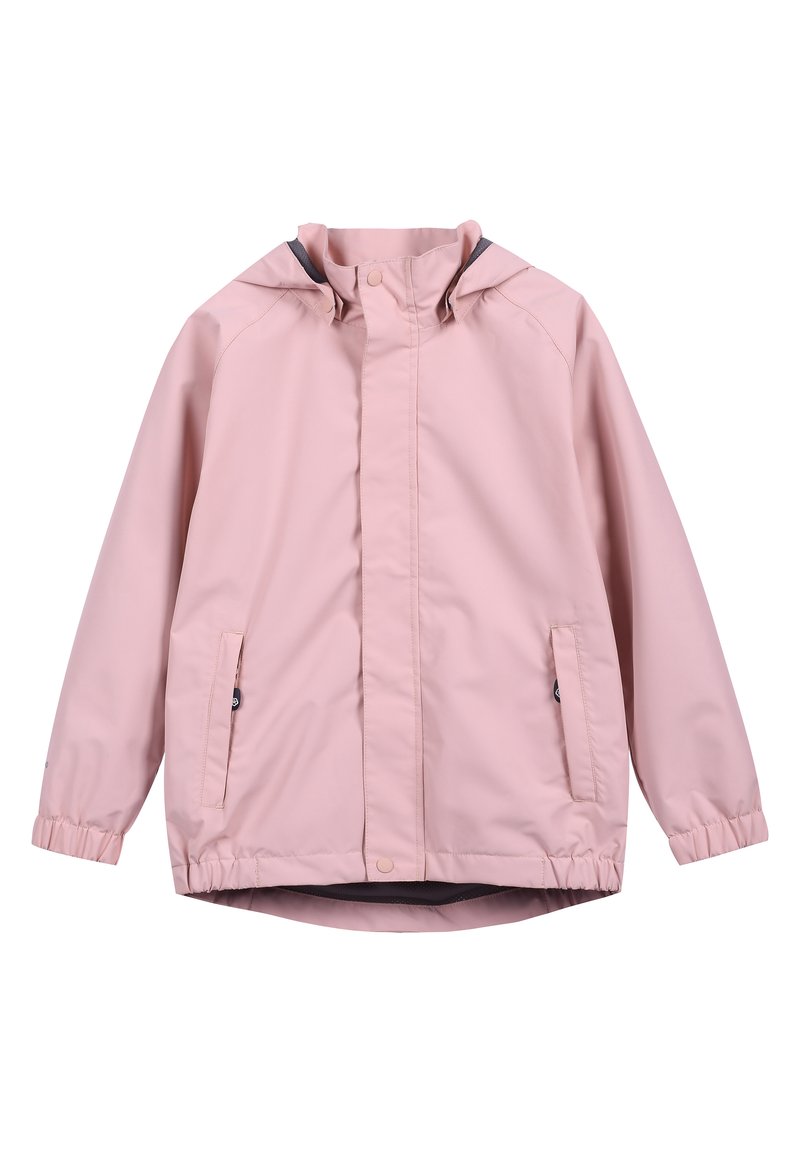 Roze waterdichte jas met capuchon, elastische manchetten, twee zijzakken en een volledige rits aan de voorkant. Glad textuur en lichtgewicht ontwerp.