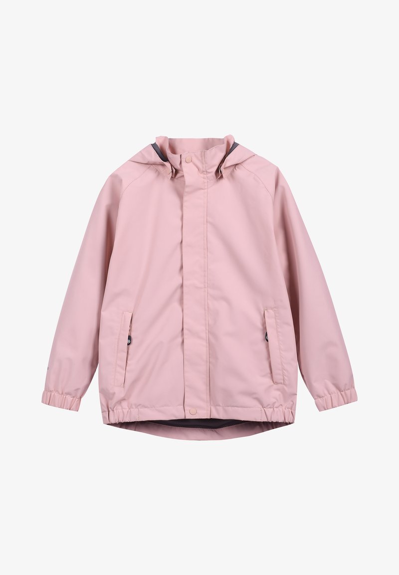 Roza vodoodporna jakna s kapuco, elastičnimi manšeti, dvema stranskima žepoma in polnim sprednjim zadrgo. Gladka tekstura in lahka zasnova.
