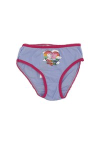 Culottes en coton bleu clair avec une ceinture élastique rose. Présente un design coloré "Amis pour toujours" avec des personnages de dessin animé dans un cœur.