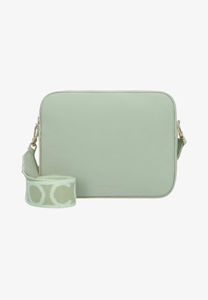 Mint green leather crossbody bag with a smooth texture, rectangular shape, gold hardware accents, and a patterned, adjustable strap.