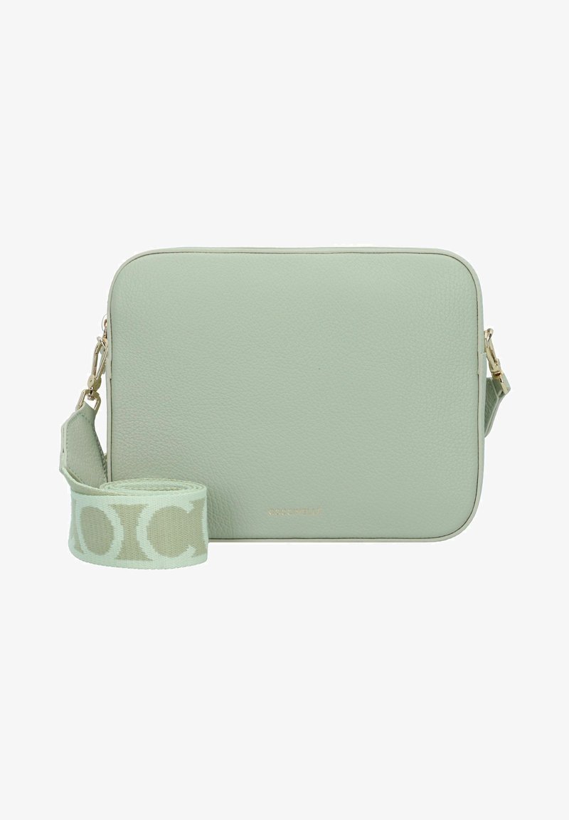 Mintgrünes Leder-Crossbody-Tasche mit glatter Textur, rechteckiger Form, goldenen Hardware-Akzenten und einem gemusterten, verstellbaren Riemen.