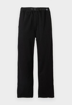 Mustad, kerged püksid elastse kojarihmaga ja reguleeritava vööga, sirge sääre kujundusega ning sileda tekstuuriga.