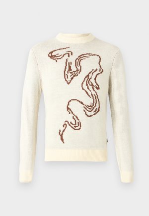 Bež pulover iz pletenine s temno rjavim, tekočim abstraktnim vzorcem. Rebrasta izrez in manšete. Izdelan iz teksturirane tkanine.