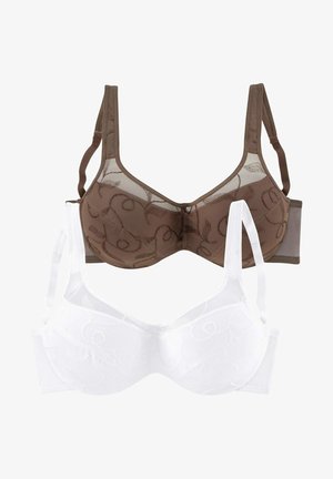 Zwei BHs ausgestellt: einer braun mit floralem Muster, der andere weiß mit einem ähnlichen Design. Beide haben verstellbare Träger und weiche Texturen.