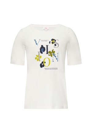 Witte T-shirt met korte mouwen, voorzien van kleurrijke tekst en bloemdesigns in blauw, groen en geel. Zacht materiaal, ronde halslijn, losse pasvorm.