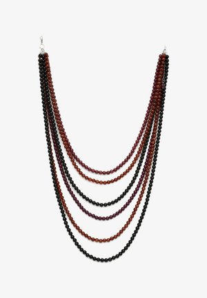 Mehrreihige Halskette mit glatten, runden Perlen in Schwarz, Burgund und rötlichen Farbtönen, mit einem glänzenden silbernen Verschluss oben.