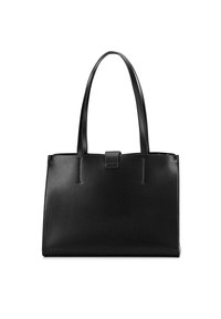 Sac fourre-tout en cuir noir avec texture lisse, forme rectangulaire, deux longues poignées et une fermeture supérieure sécurisée. Design minimaliste sans matériel visible.